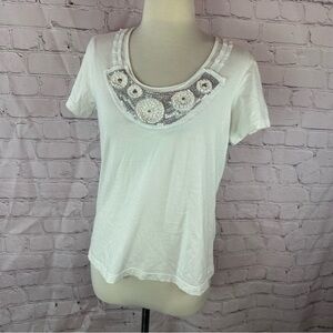Chico's white Cotton Blend embellished short sleeve T-shirt sz 1 (M 8) boho cas
